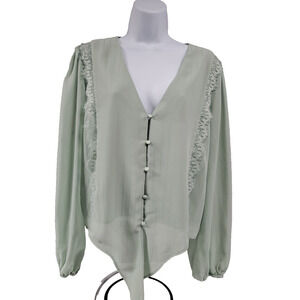 WAYF Womens Sage Green Long Sleeve Tie Front Lace Trim V Neck Blouse Size XL